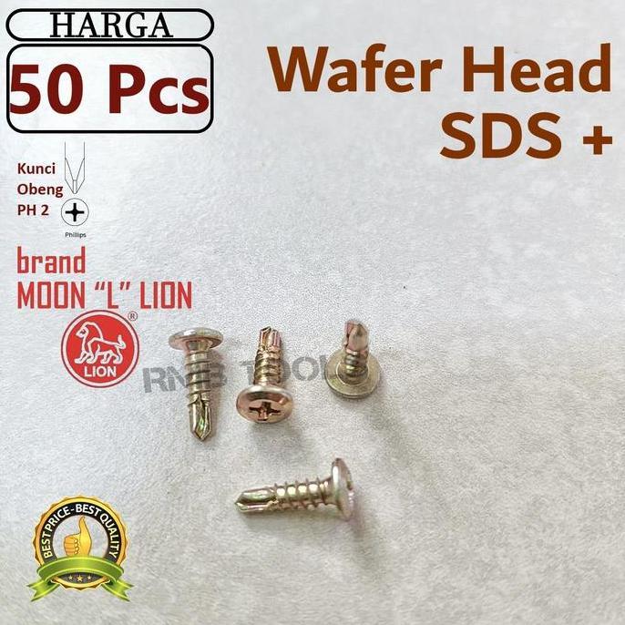 x50pcs Sekrup Wafer Head 6x13 1.3cm Brand Moon Lion Original Skrup SDS Roofing Ruping Baja Ringan 6 