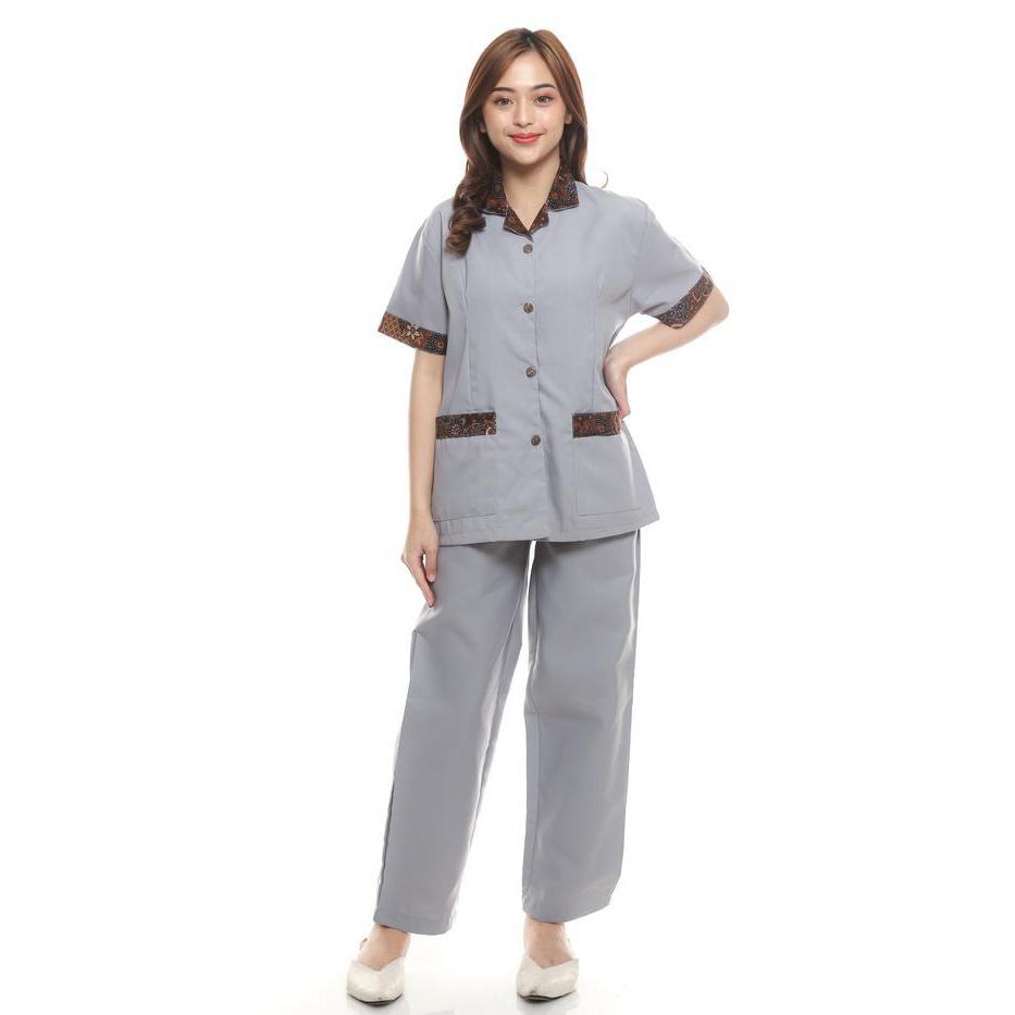 Bisa Cod - [Sandrina] Baju Seragam Suster, Baby Sitter Wanita Kombinasi Batik