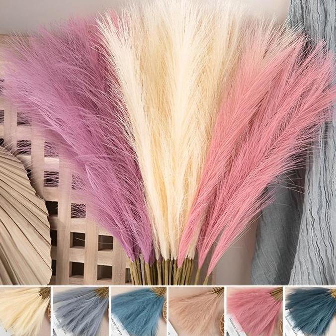 Fiore- 12 Buah Dekorasi Rumput Pampas Buatan Tinggi 56Cm Rumput Pampas Besar Berbulu Halus Bunga Tan
