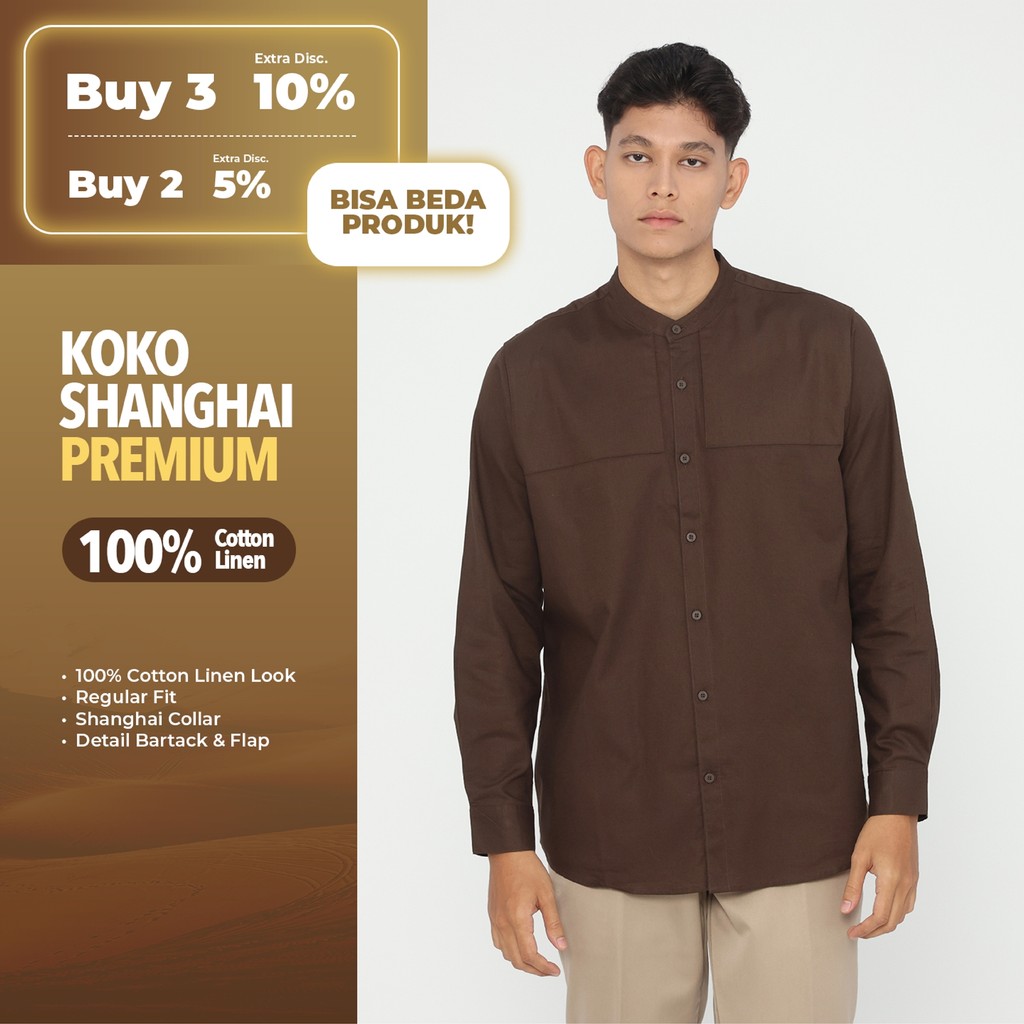 Erigo Koko Shanghai Premium Long Sleeve Zusman Mocha - Baju Koko Lengan Panjang Premium Katun Linen 