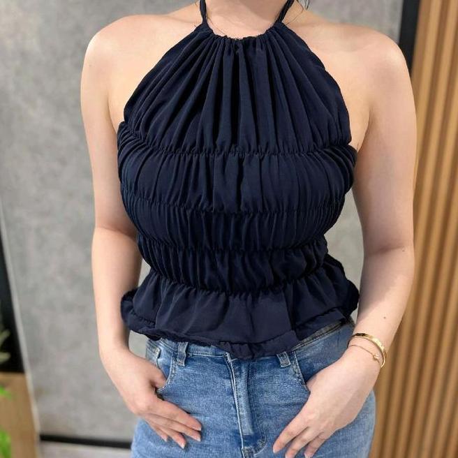 Luna Backless Top-Top Luna Backless Top Top Kerut-Tank Atasan Wanita Kekinian