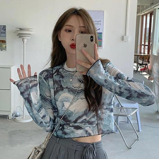 Baju Wanita Sexy Uv Lengan Panjang Crop Transparan Anti Top 3382