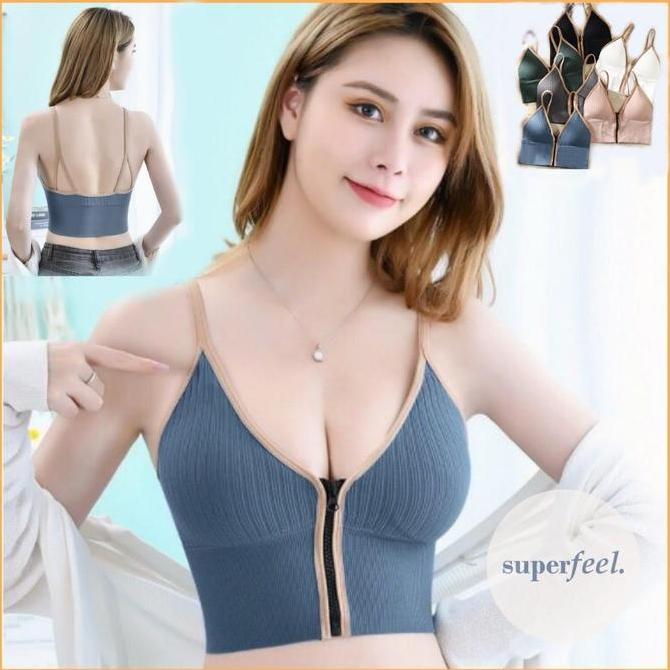 Tensione- Sfl Bralette Crop Tank Top Wanita Resleting Zipper Front Open Sport Bra Bh Tanpa Kawat 246