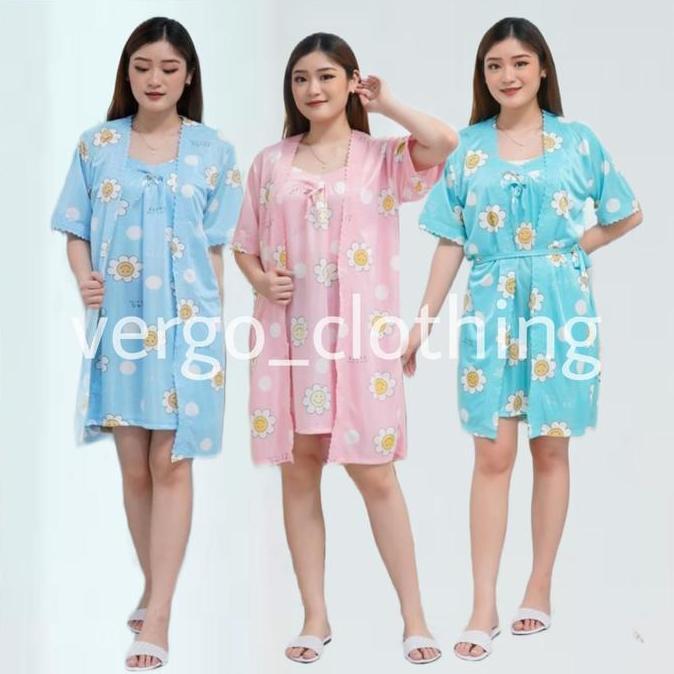 Vergo - Baju tidur satin kimono 2in1 wanita motif bunga daisy XL dan XXL