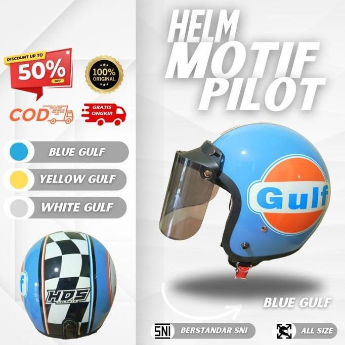 Helm Bogo Dewasa Classic Polos Motif Gulf Biru HDS Helmet Half F SNI Pria Wanita Cepol Hijab