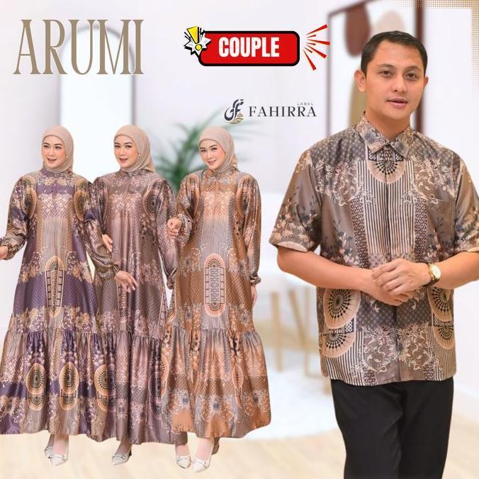 Couple Dress ARUMI Bahan Silk Premium | Gamis Kondangan Lengan Balon Motif Bunga Elegan 2025