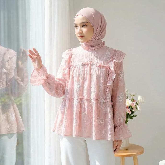 Blouse Lebaran Wanita Lengan Panjang / Blouse Putih Bordir / Blouse Kondangan EJ