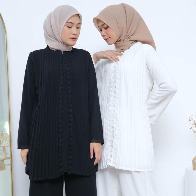 Blus JANNA Plisket Lengan Panjang Blus Chiffon Hitam Putih Premium Blus Muslim Formal Basic AS