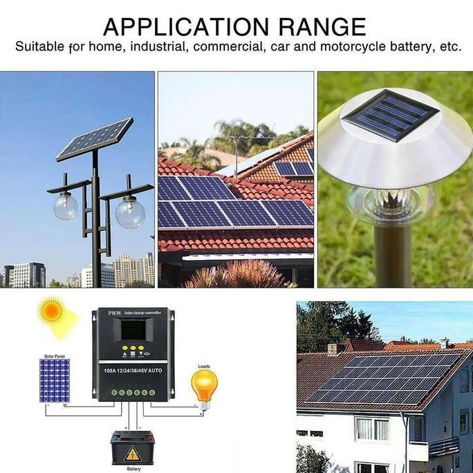 Solar Charge Controller 100A PWM Dual USB Auto 12V 24V 36V 48V Pengisi Daya Baterai AKI Solar Cell