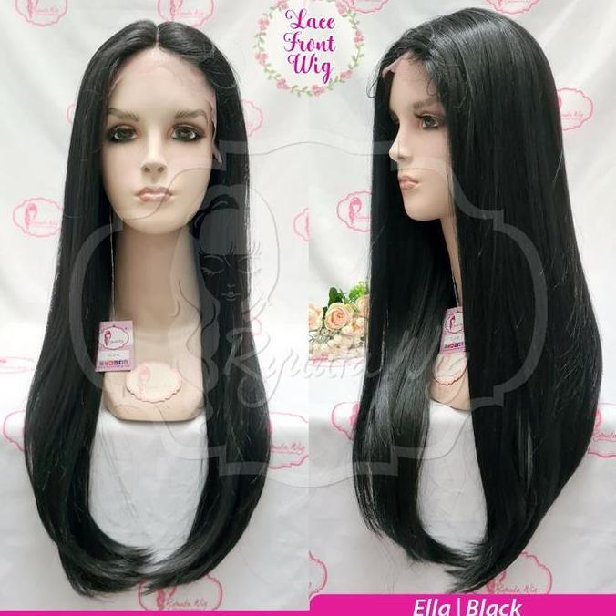 Wig Hitam Panjang Lurus Lace Front Wig Long Straight Ella Lurus Panjang Belah Tengah Hitam
