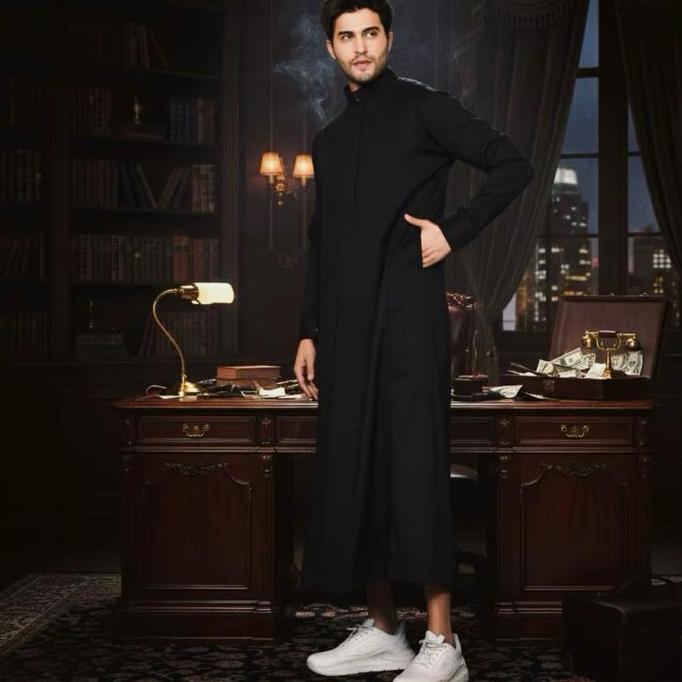 Jubah Polos Slimfit Premium Gamis Pria Style Haramain Hitam Resleting 6 Kancing Premium Import Saku 