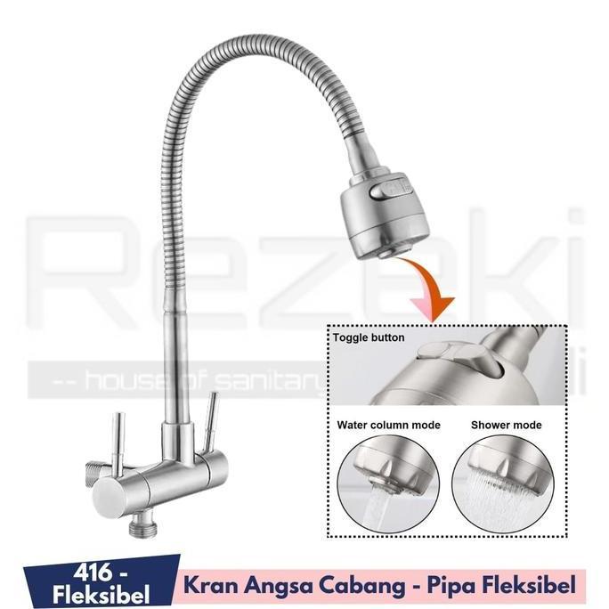 Kran Angsa Cabang 2 Sus304-416 / Kran Cuci Piring / Pipa Fleksibel Air ready