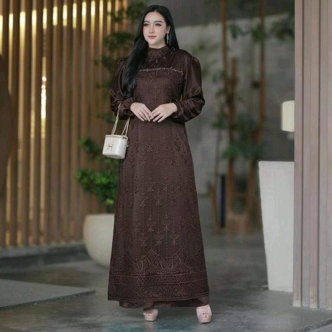 New Rianti Dress Brokat Mewah Baju Gamis Velvet Mix Brukat Wanita Muslim Lebaran Kondangan Promo Leb