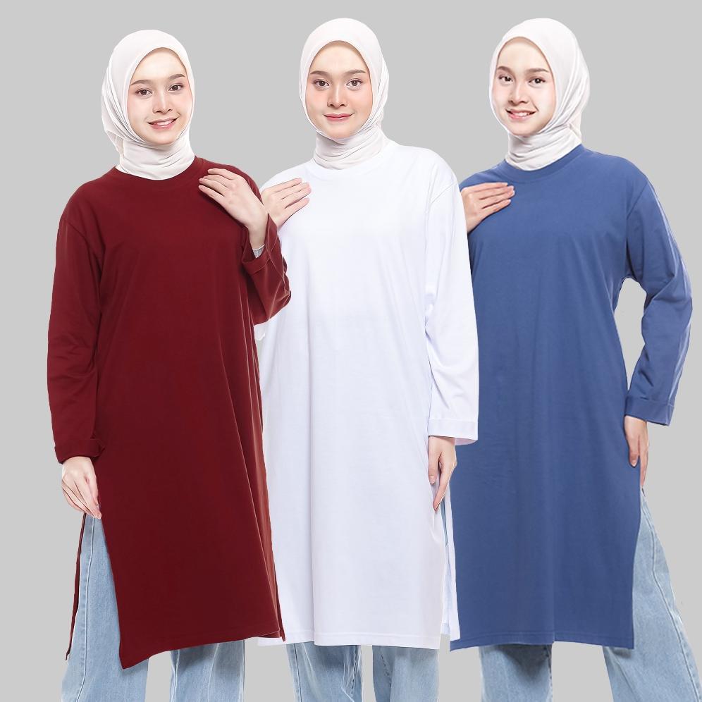 Hot Louvinne Tunic T-Shirt L Kaos Tunik Polos Selutut Lengan Panjang Wanita Cotton Combed 24S