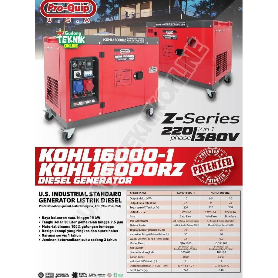 Genset Silent 12000Watt PROQUIP KOHL16000 KOHL16000RZ 220V 380V / Power Generator Diesel Solar 12KW 