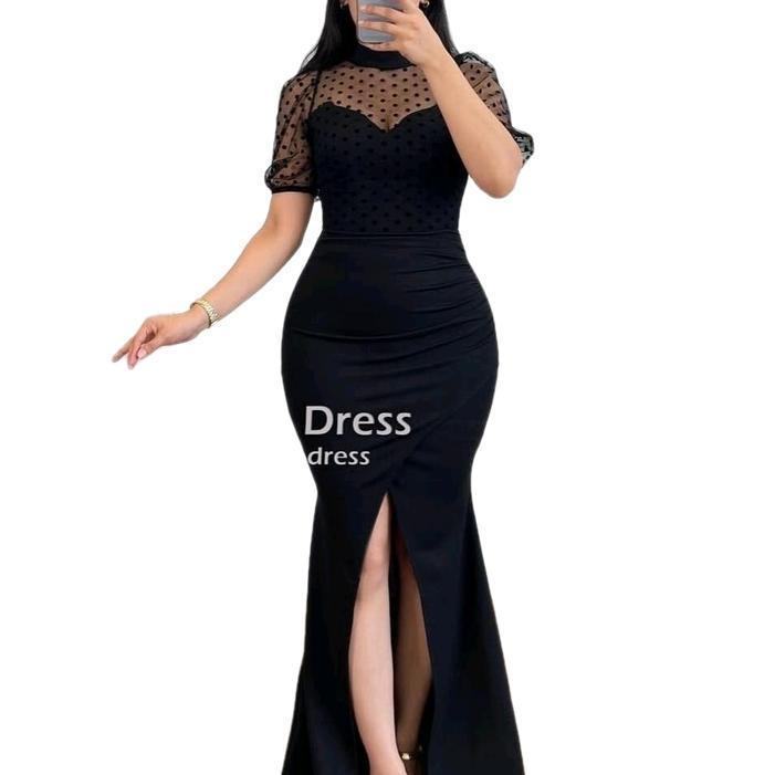 Bisa Cod - Loowear Long Dress Pesta Bodycon Duyung Lengan Pendek Tile Polkadot Premium Koleksi Butik
