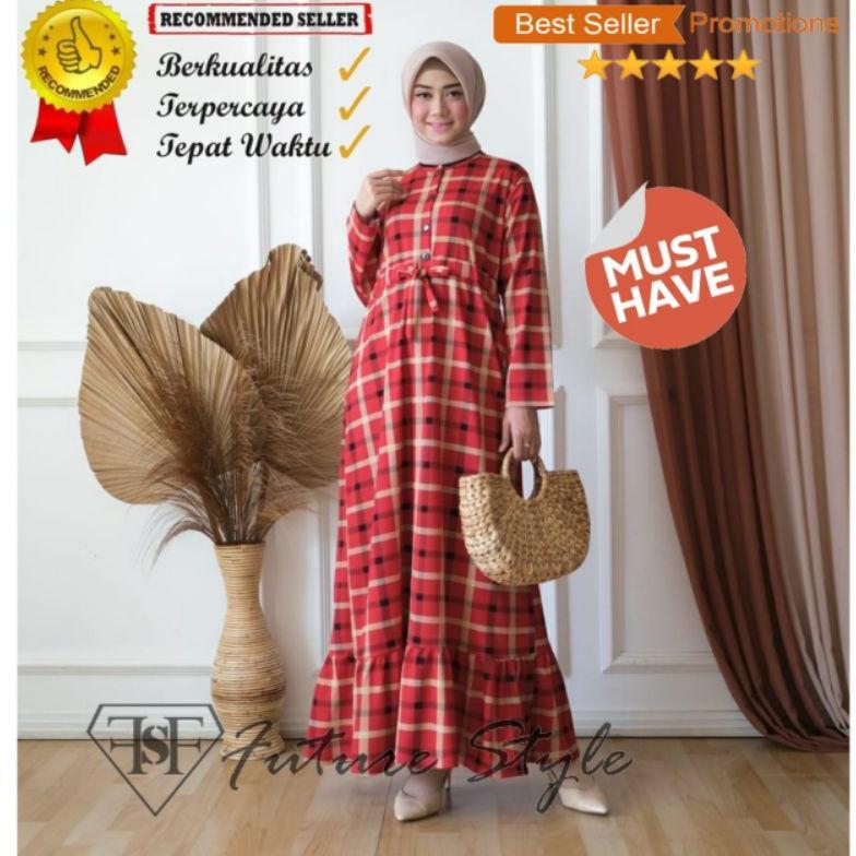 Gamis kotak garis wanita , pakaian muslim busui friendly