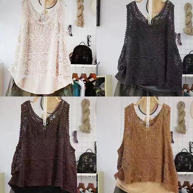 Vest Crop Top Vest Crop Top Rajut Coklat Ivory Crochet Lace Abu Kutung