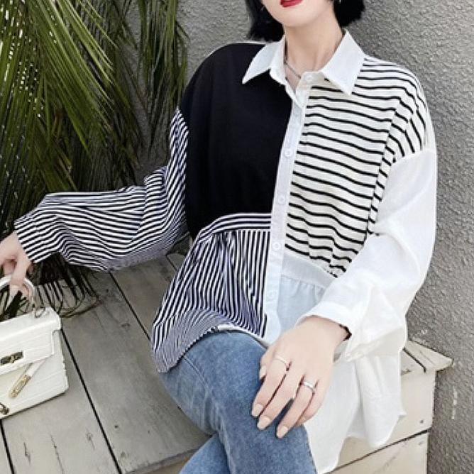 Blus Kemeja Oversize Blus Kemeja Oversize Katun Coklat Putih Kaos Garis Polos Hitam