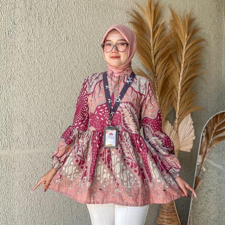 promo rasaraya batik chaya blouse wanita katun - atasan batik kerja kantor soft pink tangan balon bu