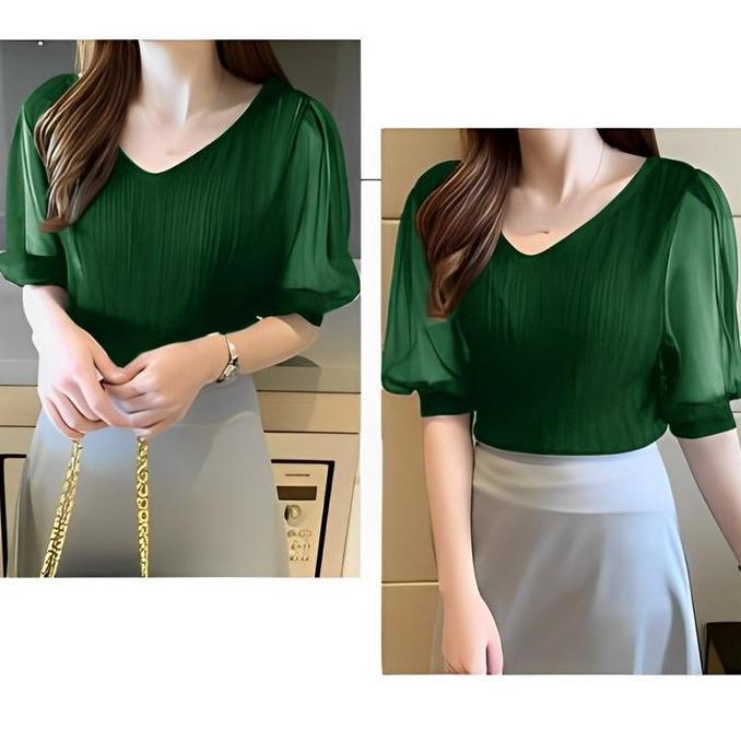 WINTURY Fashion Fabric - Blouse Rajut Surplice V-neck Lengan 3/4 Kombinasi Tile Transparan #4427