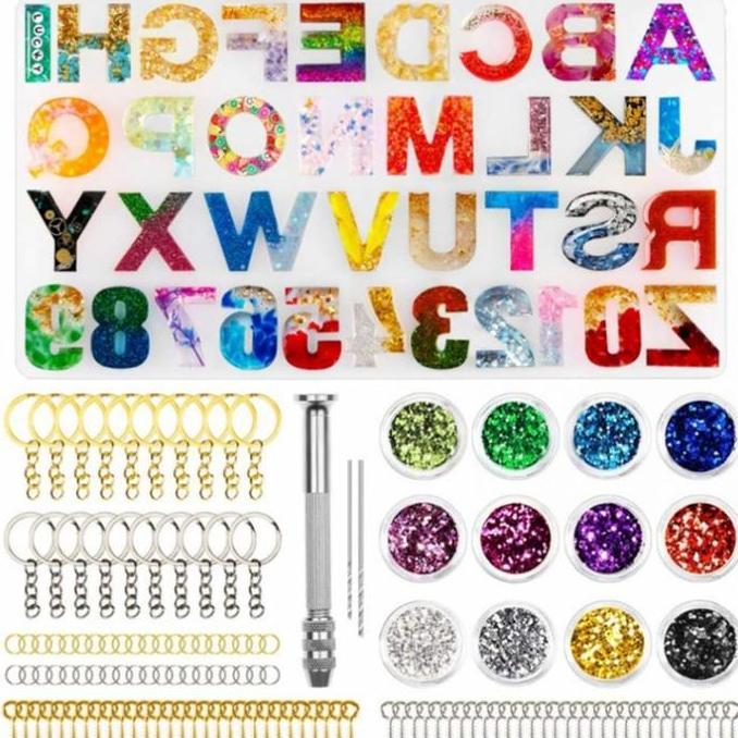 WINTURY 236pcs Cetakan Huruf Silikon Cetakan Gantungan Kunci Resin Nomor Cetakan Liontin Resin Cetak