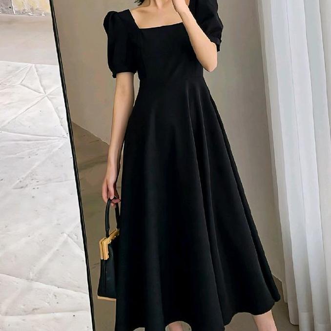 WINTURY LEEA Puffy Sleeves A Line Midi Dress Square Neck - Dress Wanita Elegan Panjang Lengan Balon 