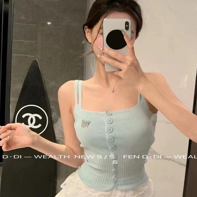 AZBOMO LNR Shop Lokal Premium Atasan Rajut Full Kancing Lengan Tali dengan Pin Bros untuk Wanita Dew