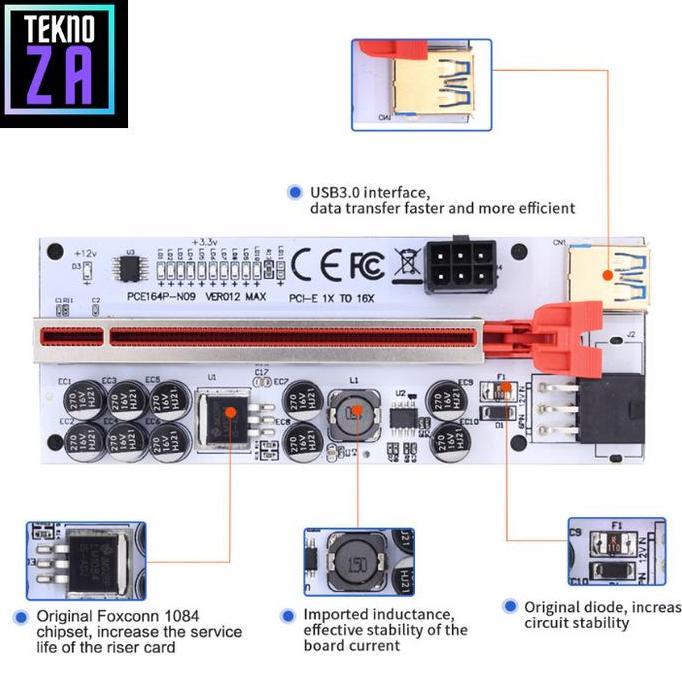 PCIe Riser 10 Capasitor VER012 MAX Mining VGA GPU USB RTX RX