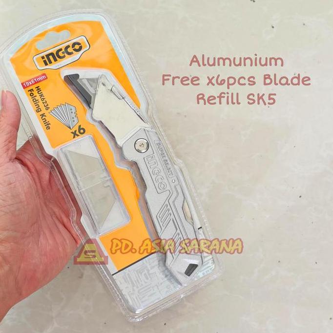 Pisau Lipat Alumunium SK5 INGCO HUK6236 Utility Cutter Folding Knife