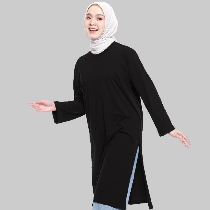 TERBARU LOUVINNE Tunic T-shirt l Kaos Tunik Polos Selutut Lengan Panjang Wanita Cotton Combed 24s