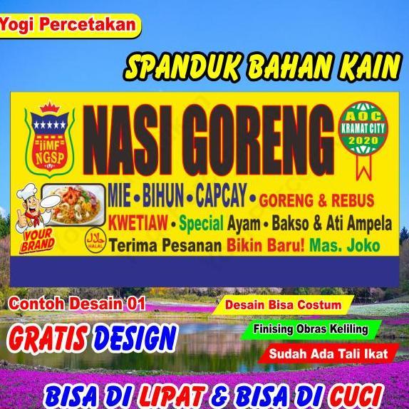 Ready  Spanduk Kain Nasi Goreng Costum Bebas Desain bisa Reques Tulisan apa saja, NASI GORENG
