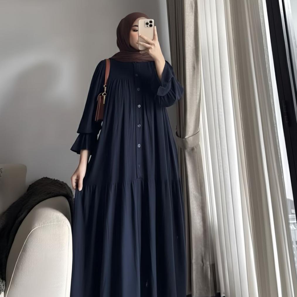 BestPromo Nagita Dress Gamis Rayon Twill - Gamis Lebaran Model Lengan Balon Kancing Depan Busui Frie