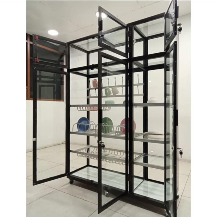 TC ALUMINIUM LP457 120X40X170 B LEMARI RAK PIRING PREMIUM ALUMINUM TEBAL FULL KACA 5 MM HITAM / BENI