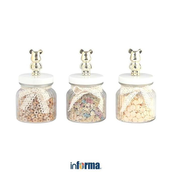 HOT DEAL - Informa Stoples Kaca Bear 650 ml Set 3 Pcs - Gold Wadah Makanan Toples Bumbu Tempat Snack