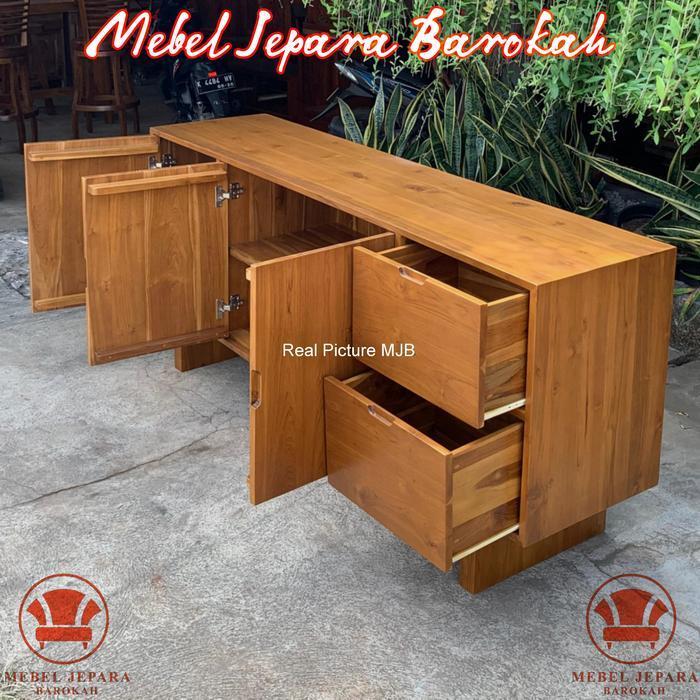 Bufet Meja TV 3 Pintu 2 Laci Kayu Jati Minimalis Kabinet TV Serbaguna