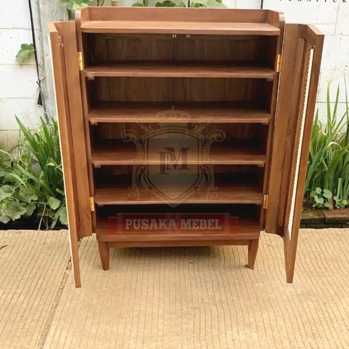lemari rak sepatu rotan kayu jati, rak rotan kayu vintage, rak buku