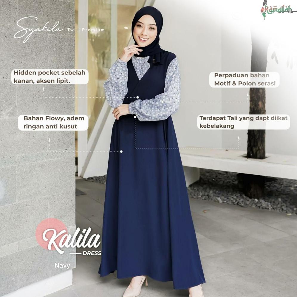 Diskon Kalila Dress Muslim Korea Greengrey Greenforest - Gamis Wanita Terbaru Syakila Twill Premium