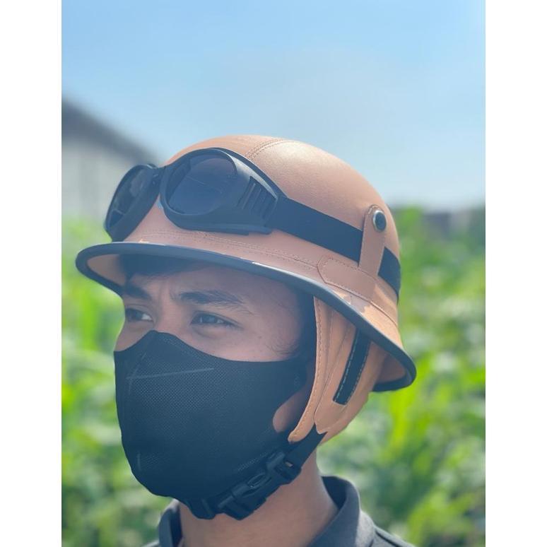 Grade Ori Helm Nazi Dewasa Classic Retro Kulit Hitam&Coklat + Kaca Mata