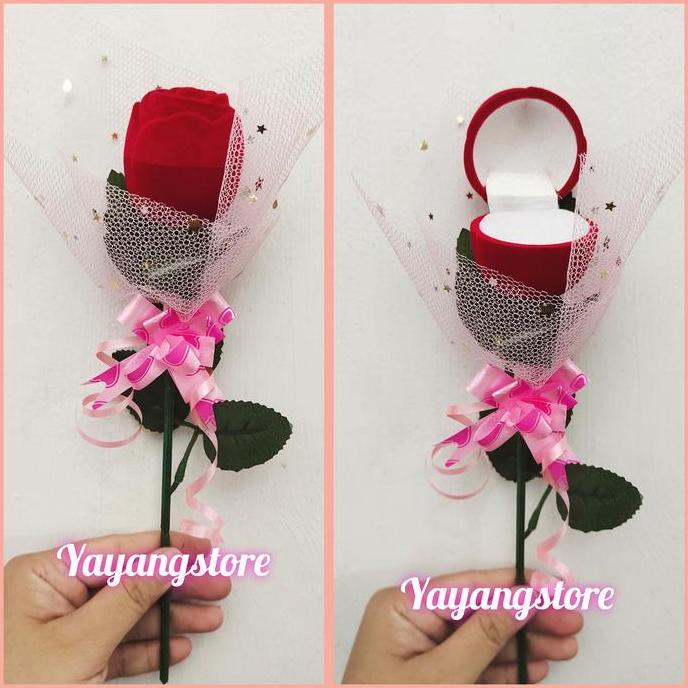 Kotak Cincin / Box Tempat Cincin Bunga Mawar ( + tangkai ) valentine