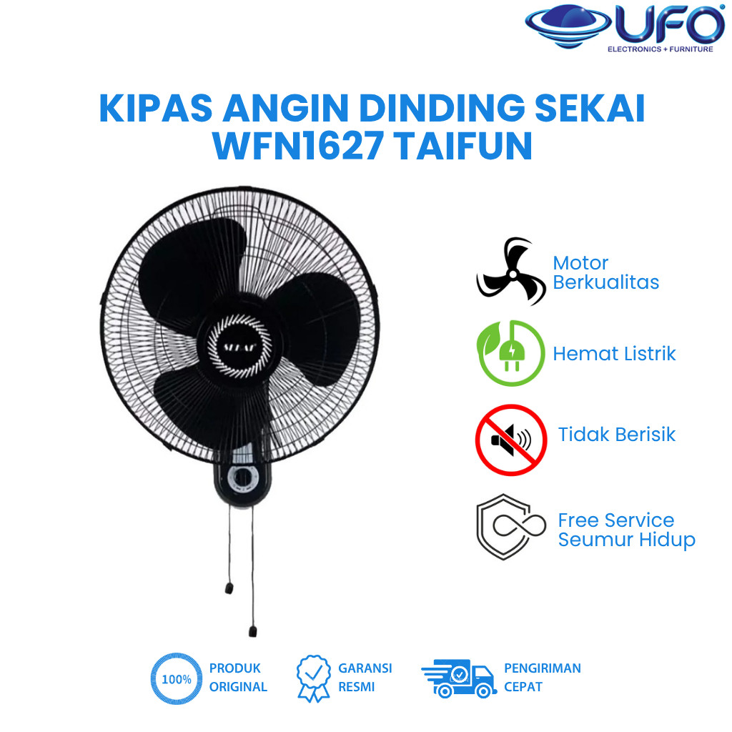 Kipas Angin Dinding SEKAI WFN1627 Taifun- Hitam, Angin Kencang, Osilasi Penuh, 3 Kecepatan