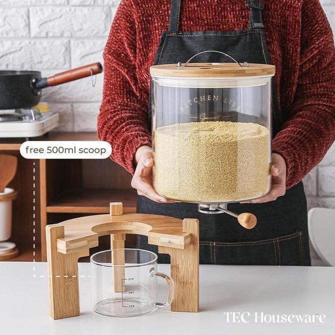 Kubika- TecMazi Rice Dispenser Tempat Penyimpanan Beras Wooden Rice Dispenser Dispenser Beras Kayu T