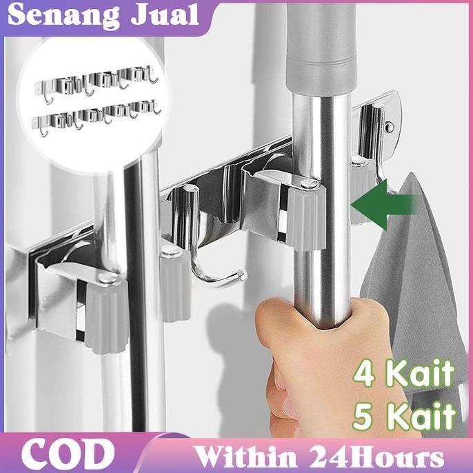 BAKUL Tempat Gantungan Sapu 4 Slot 5 Kait Penjepit Gantungan Sapu Gantungan Sapu Dan Pel Stainless