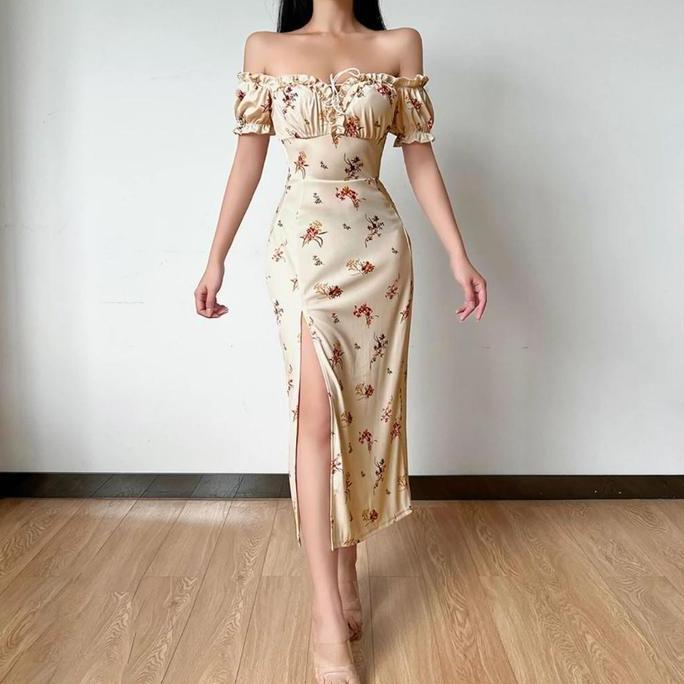 Kleid- 7836 Green Floral Midi Dress Vintage Big Size Korean Style Wanita Panjang Kekinian Summer Bea