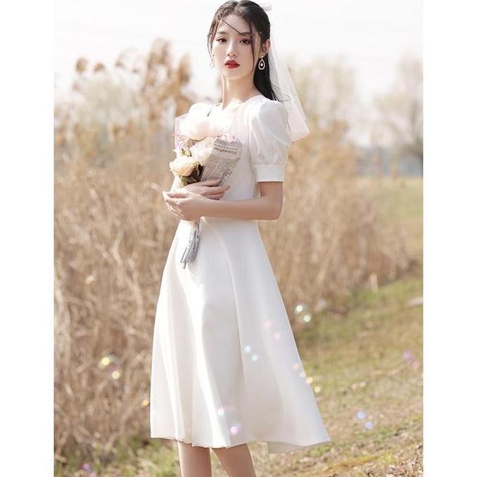 Kleid- 7995 White Baju Midi Dress Putih Panjang Natal Wanita Kekinian Muslimah Korea Style Import Ko