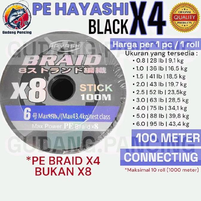 Benang Pancing Hayashi Pe Line X4 Braided Black Hitam Panjang 100 Meter Connecting Sampai 1000 Meter