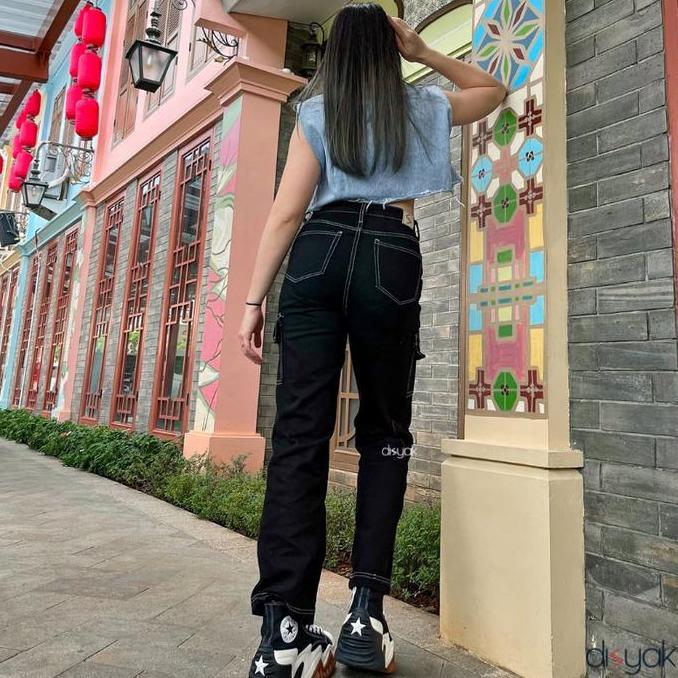 Hose- Disyak - Highwaist Jeans Cargo Pants Boyfriend Loose Celana Panjang Wanita List Black 710-810