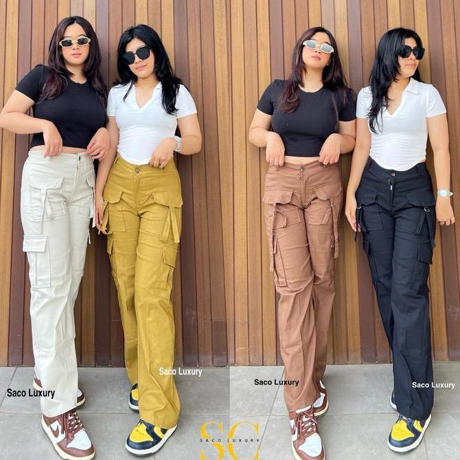 Hose- Zika-  Celana Cargo Wanita Soft Jeans Stretch Strech (Max Bb 100Kg) Katun Panjang Loose Wanita