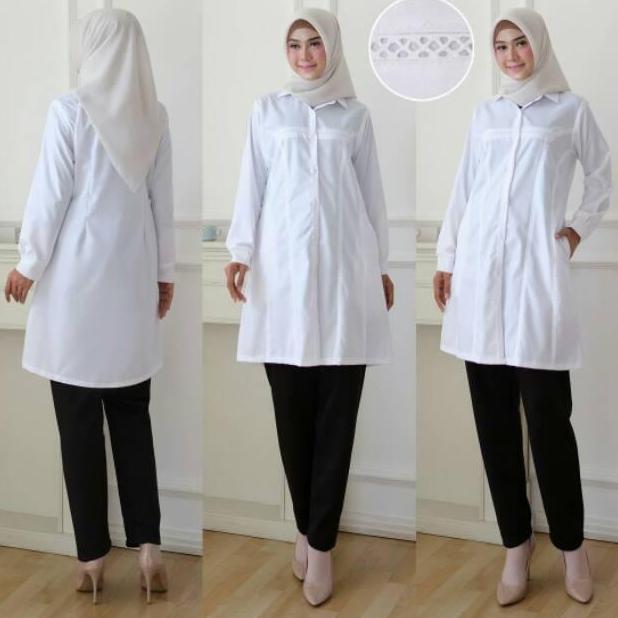 Uprelig- Baju Atasan Kemeja Tunik Kantor Seragam Wanita Lengan Panjang Terlaris Tunik Putih Wanita J