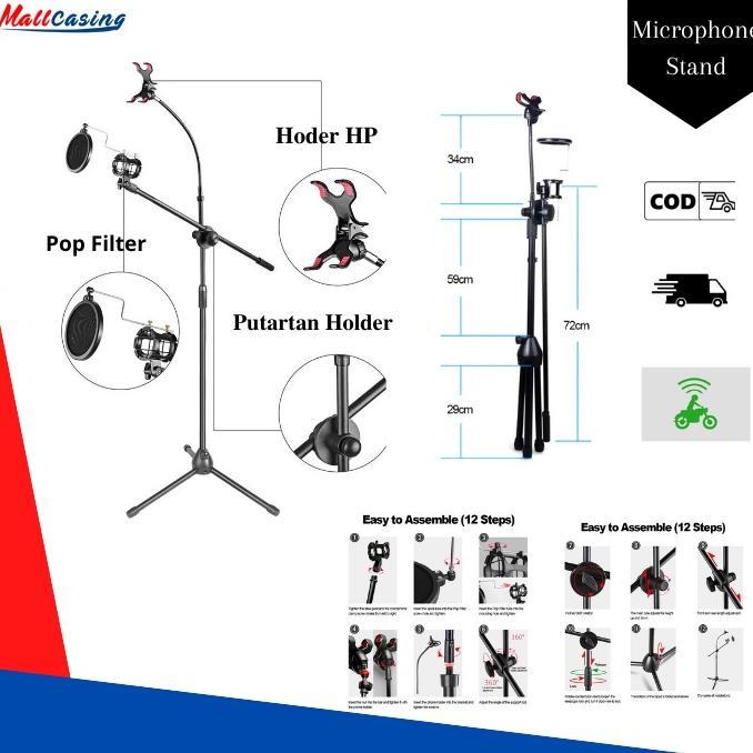 Standing Stand Mic Hp Panjang Microfon Microphone Karaoke Degree Berdiri + Holder Hp 360 Recording